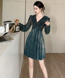 【2色】手作り 膝丈ドレス スイート Ｖネック セレブ風 かわいい キラキラ YH2-JY70250