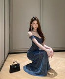 ロングドレスナイトドレスオフショルダーキラキラスリートセクシーセレブ風パーティー宴会演奏会誕生日イベント WQ2-ZED881245DXH348B