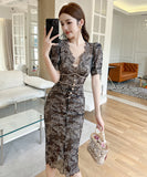 2色 レース 手作り 膝丈ドレス高品質 Ｖネック セレブ風 おしゃれ YH2-JY20459