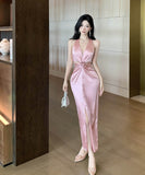 ロングドレスホルターネック谷間見せセクシーフラワーバックレスドレスナイトクラブパーティー誕生日ドレス WQ2-DD4825