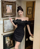 【2色】ミニドレスオフショルダーキャバドレスチュールフラワーキラキラ宴会パーティーナイトクラブ WQ2-ZED888619DXH238A