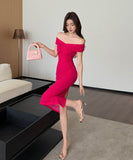 膝丈ドレスオフショルダーセクシーエレガント鮮やか大人可愛いパーティー宴会同伴WQ2-ZED889926GT347