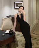 ロングドレスキャバドレスキラキラホルターネックセクシー高級感宴会パーティー誕生日谷間見せ気質 WQ2-DD4159