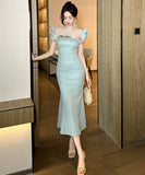 手作りドレス膝丈ドレスフリル気質マーメイドドレス宴会パーティーセレブ風フラワー高級感 WQ2-JY50935