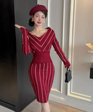 【5色】膝丈ドレス キャバドレス 上品Vネック 配色 ニットワンピース エレガント 大人可愛い ツイード風 長袖 JC2-DD5603