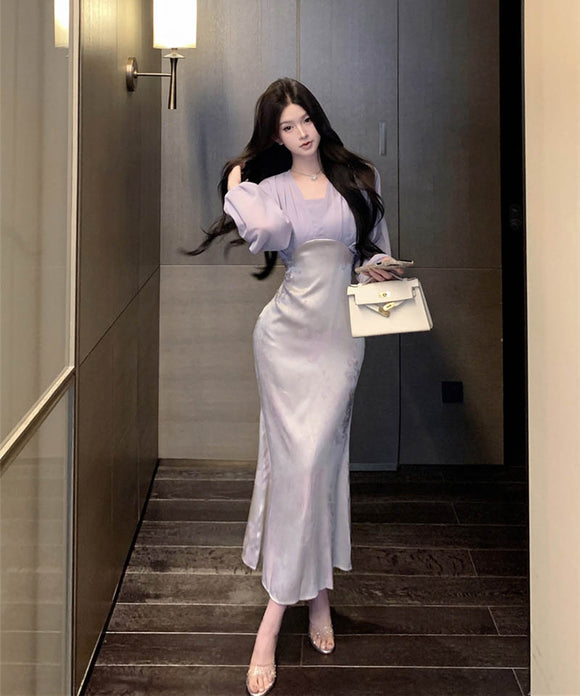 ロングドレス高級感袖付きマーメイドドレス着痩せ気質宴会パーティーセレブ風ハイウエストセクシーパープル WQ2-XKD-D337B-3437-May2