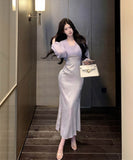 ロングドレス高級感袖付きマーメイドドレス着痩せ気質宴会パーティーセレブ風ハイウエストセクシーパープル WQ2-XKD-D337B-3437-May2