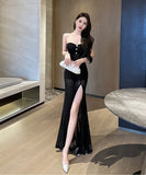 ロングドレス パーティードレス ゴージャス セクシー 脚長効果 背露出 透け感 YH2-YM9166