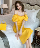 手作り 膝丈ドレス 高品質 かわいい セレブ風 おしゃれ パフ袖 YH2-JY20528