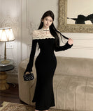 ロングドレス キャバドレス マーメイドドレス ニット 大人可愛い 上品 女性らしい モノクローム 拼接レース パーティー 二次会 JC2-XKDD337B-2016-Aug25