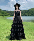 ロングドレス フレンチフェミニン エレガント レース切替 Vネック キャミワンピ ウエストシェイプ ティアードフレア 上品 大人可愛い デート お出かけ 結婚式 JC2-CD3-141-5510900