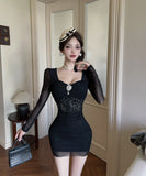 【2色】ミニドレス キャバドレス セクシー ボディコン メッシュ ロングスリーブ ミニ丈 夜会 デート ナイトクラブ JC2-DD5514