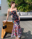 2色ロングドレスベアトップセクシーマーメイドドレス花柄着痩せ気質谷間見せ旅行フリル WQ2-XHY915721