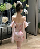 ミニドレス フレンチ エレガンス 手作りビジュー ベアトップ タイトフィット セクシー キャバドレス  プリント ショートワンピース 2024年新作 KS2-YXY808