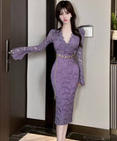 【3色】ロングドレス キャバドレス セクシー Vネック レース切り替え タイトワンピース ベルト付き 上品 シルエット LW2-DD6011