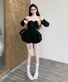 Lady's coco ミニドレス キャバドレス セクシー  立体シルエット オフショルダー  ウエストマーク フレア パフスカート フェアリー ガーリー デート LW2-XKDD435B-8892-Oct15