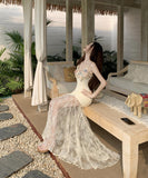 ロングドレス リゾートウェア 着痩せシルエット ホルターネック レース拼接 立体フラワープリント JC2-CD7-323-80900850