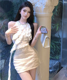 【2点セット】ミニドレス セクシー ボディコン ビジューホルターネックフリルトップス＋スパンコールタイトスカート デート 女子会 クラブ JC2-XKDD452-681-Sep10