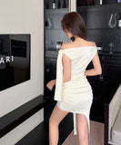 【2色】膝丈ドレスオフショルダーエレガント非対称セクシーおしゃれ同伴気質リボン WQ2-ZED889854GT347