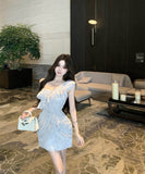 【2色】ミニドレスキャバドレスワンーショルダーフリルカワセクシー非対称同伴花柄レースパーティー WQ2-XKD-D355-6857-Apr16