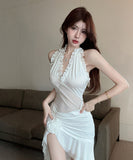 ミニドレス キャバドレス 大人のセクシー フリルディテール ハーネスネック Vライン 透け感 キャバクラ風 指名 JC2-DD5482