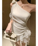 ミニドレス ワンショルダー シフォンワンピース ウエストマーク ティアードドレス KS2-CD1-119-95790620