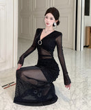 Lady's coco ロングドレス キャバドレス セクシー ストーン 深Vネック シースルー タイト マーメイドワンピース LW2-OYF8722