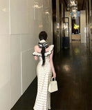 ロングドレス水玉柄マーメイドドレスフリルエレガント通勤セレブ風着痩せ大人可愛い同伴韓国っぽ WQ2-XKD-D355-6891-May16