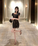 ミニドレスレースリボンパフスリーブエレガント体型カバー宴会パーティー女子力通勤 WQ2-ZED883254DXH502