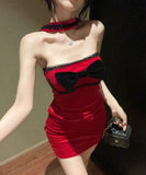 Lady's coco ミニドレス キャバドレス セクシー ベロア チューブトップ キャミワンピース ホルターネック リボン付き タイト LW2-OYF2661
