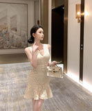 ミニドレスレースフリルVネック小顔効果気質谷間見せエレガント高級感大人可愛い韓国っぽ WQ2-XKD-D529-6812-Apr8