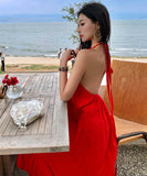 ロングドレスホルターネック体型カバー着痩せ気質旅行バックレスドレス旅行サンドレス WQ2-CD6-601-82750580