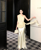 【2点セット】 ロングドレス キャバドレス セクシー アシンメトリー ホルターネック トップス×マーメイドスカート セットアップ エレガントスタイル LW2-XHY918259