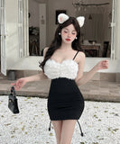 【2色】 ミニドレス キャバドレス セクシー キャミワンピース フェザー切り替え シースルー タイトミニドレス LW2-DD6012