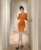 【2色】膝丈ドレス キャバドレス セクシー  エレガント タイトワンピース ウエストシェイプ ドレープ デザイン ペンシルスカート スリムフィット 上品 LW2-ZED886530DXH348A