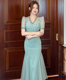 ロングドレス手作りドレス高級感レースチュールマーメイドドレスVネック小顔着痩せ気質宴会パーティー二次会高級感 WQ2-JY21099