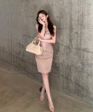 Lady's coco 膝丈ドレス キャバドレス セクシー アシンメトリー セクシー ねじりデザイン ピンク オフショルダー ベアトップ タイトワンピース ウエストマーク LW2-CD5-109-85060480