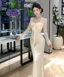 Lady's coco ロングドレス キャバドレス セクシー レース切り替え リボン付き フェイクツーピース タイトマーメイドワンピース ウエストシェイプ パーティー 二次会 披露宴 デート LW2-OYF5693