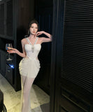 ロングドレスナイトドレスチュールダイヤモンドホルターネックセクシー宴会パーティーイベントレースマーメイドドレス WQ2-XHY919795