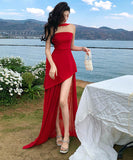 ロングドレスキャバドレスサンドレス非対称ベアトップAライン着痩せ気質SNS話題 WQ2-CD6-601-82770620