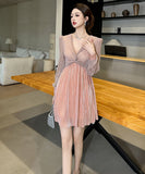 【2色】手作り 膝丈ドレス スイート Ｖネック セレブ風 かわいい キラキラ YH2-JY70250