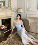 ロングドレスチュールオフショルダーセクシーエレガントフラワーパーティー演奏会宴会セクシーレース WQ2-ZED888626DXH238A