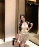 ティアードスカートミニドレスホルターネックカワセクシーパーティー誕生日パーティーリボン手作りドレスセクシー谷間見せ WQ2-XKD-D318A-6304-Apr9