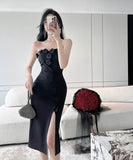 膝丈ドレスキャバドレスベアトップフラワーセクシーエレガント気質ナイトクラブキャバクラ谷間見せ WQ2-DD4819