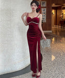 Lady's coco ロングドレス キャバドレス  セクシー ベロア キャミワンピース スリット入り 上品セクシー ハイウエスト ドレス  結婚式 二次会 披露宴 パーティー 上品 LW2-DD5946