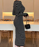 Lady's coco ロングドレス キャバドレス セクシー 秋冬新作 ニットワンピース クルーネック 長袖 ストライプ柄 タイトシルエット ミディ丈 LW2-DD6032