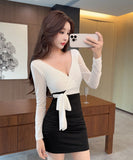 【3色】ミニドレス キャバドレス セクシー オフショルダー メッシュ タイトワンピース Vネック 長袖 伸縮性あり  LW2-DD5832