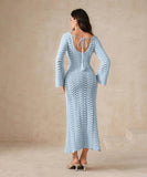 【2色】サンドレス ロングドレス 谷間見せ 袖付き おしゃれ クロシェ編み hot girl WQ2-CM82601