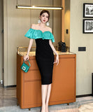 手作りドレス高級感膝丈ドレスフリルおしゃれエレガント着痩せ気質宴会パーティー WQ2-JY21140