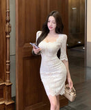 【2色】膝丈ドレスレースキャバドレスセクシー谷間見せエレガント気質セレブ風パーティー WQ2-XKD-D355-6803-Mar12